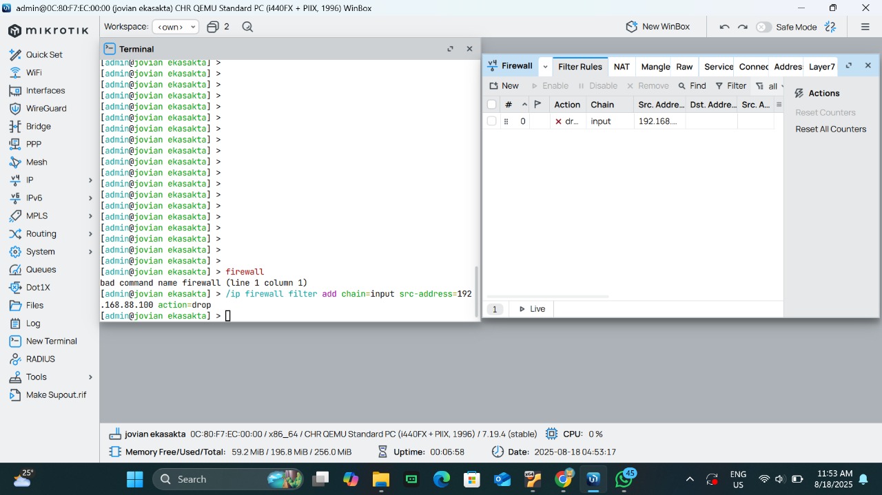 Perintah CLI untuk menambahkan aturan filter firewall baru di terminal MikroTik.