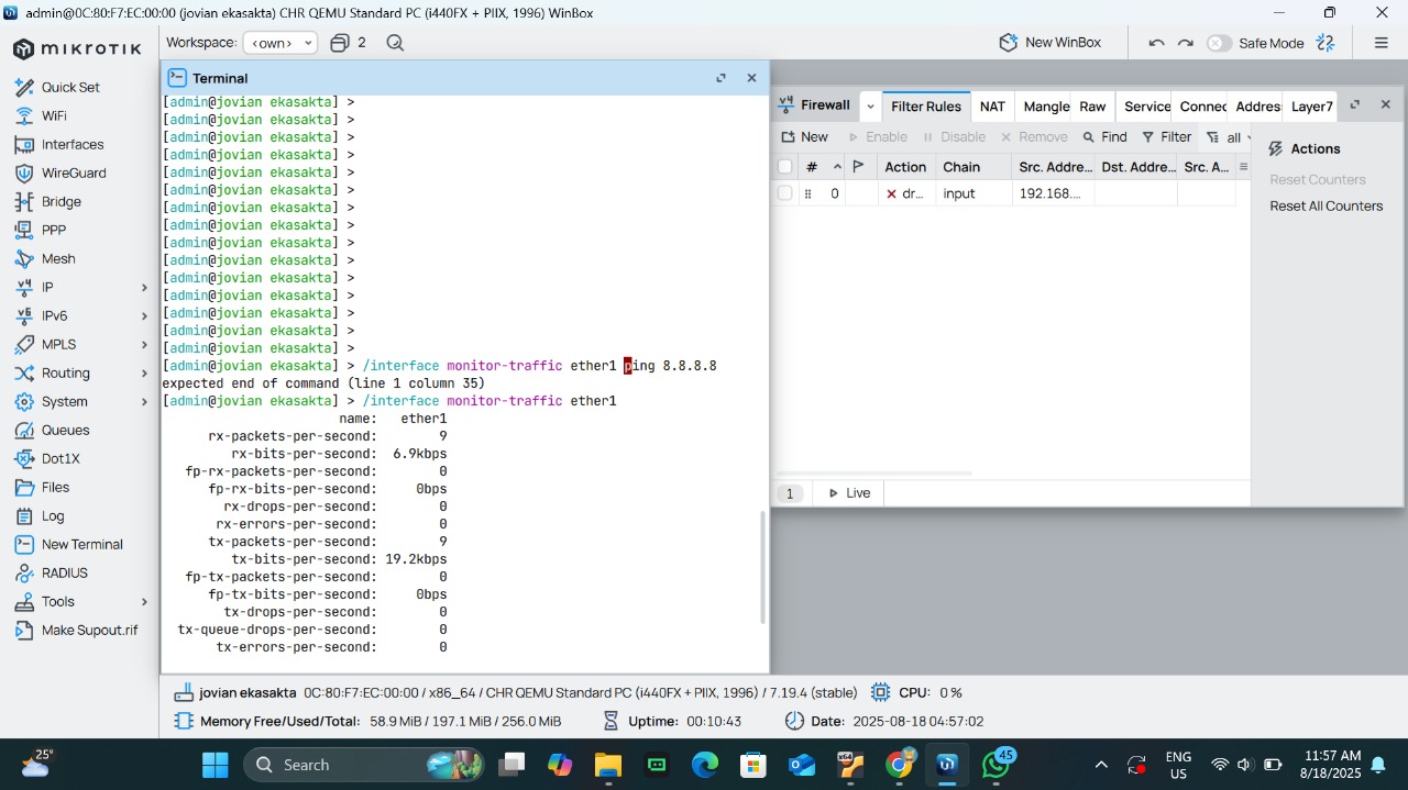 Tampilan terminal yang sedang menjalankan perintah untuk memantau lalu lintas jaringan.
