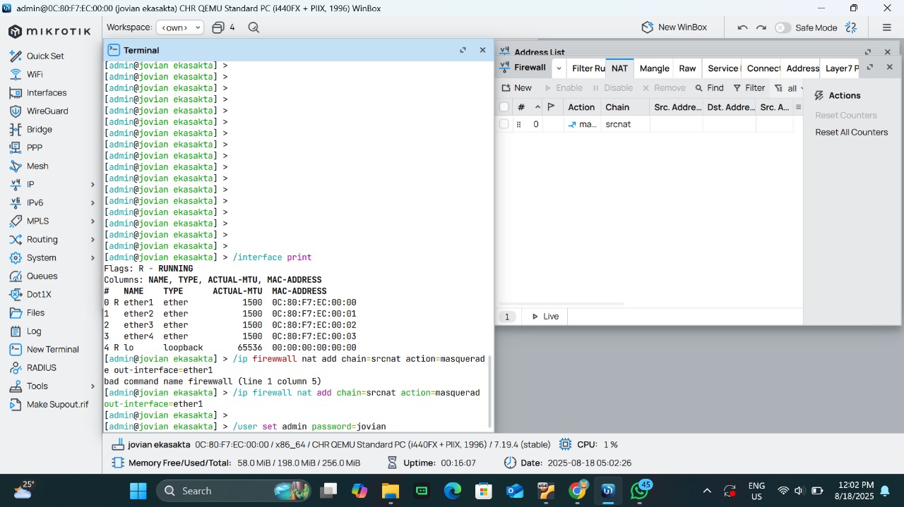 Antarmuka baris perintah MikroTik yang menampilkan daftar antarmuka jaringan.