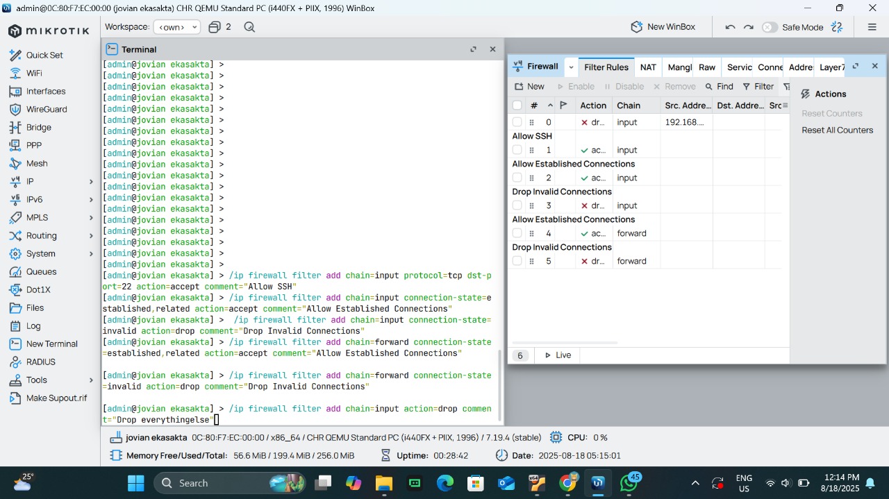 Terminal menampilkan aturan-aturan firewall yang dikonfigurasi melalui baris perintah.