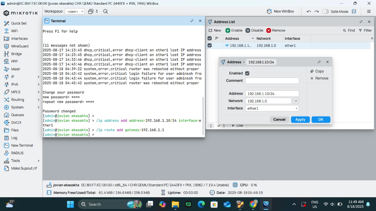 Terminal menampilkan perintah konfigurasi alamat IP pada antarmuka MikroTik.